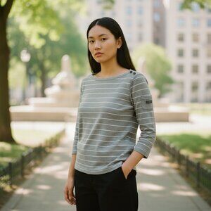 LAUREN RALPH LAUREN | Gray White Stripe Shoulder Buttons 3/4 Sleeve Top